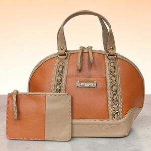 Sharif 1827 Vegan Leather Two-Toned Bowler Satchel Bag with Matching Pouch - New